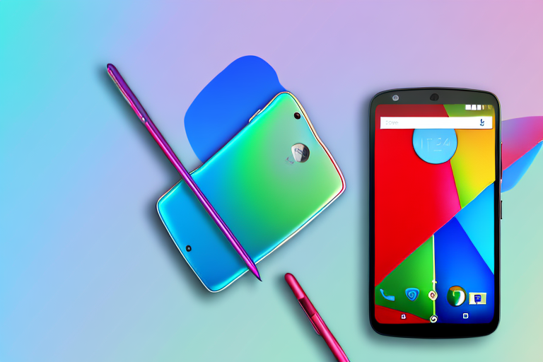 A moto g stylus smartphone with its screen displaying a vibrant image