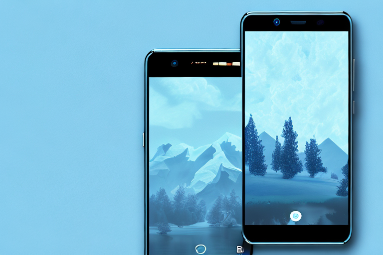 The blu view 2 smartphone with its screen displaying a landscape image