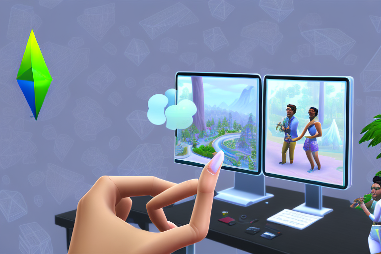 A computer screen showing the sims 4 gameplay with a camera icon indicating the screenshot function