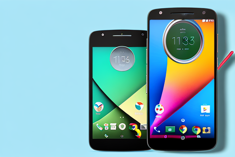 A moto g pure smartphone with a sequence of arrows indicating the buttons to press for taking a screenshot