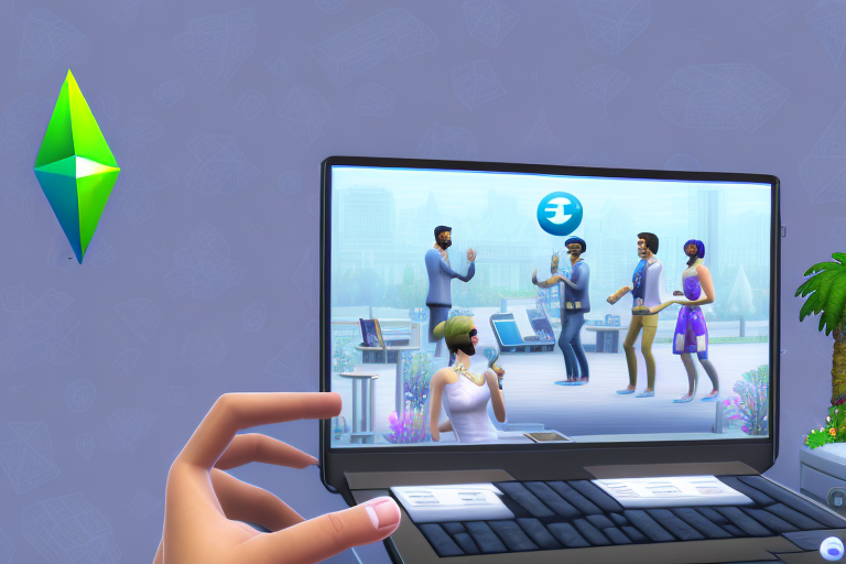 A computer screen showing a sims 4 game scene with a camera icon indicating the screenshot function