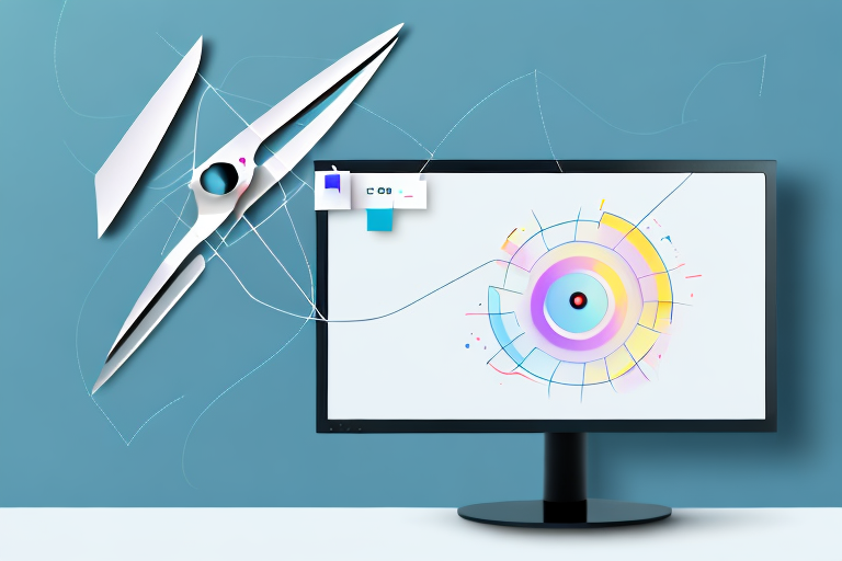 A computer monitor displaying a screenshot with highlighted corners and a pair of scissors hovering over it