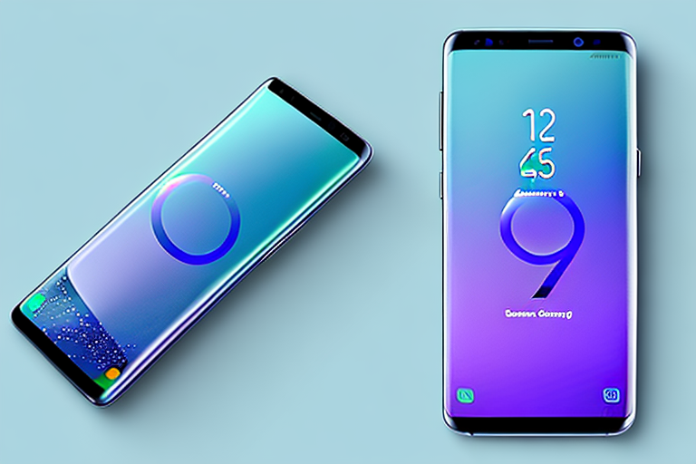 A samsung s9 smartphone with a glowing screen